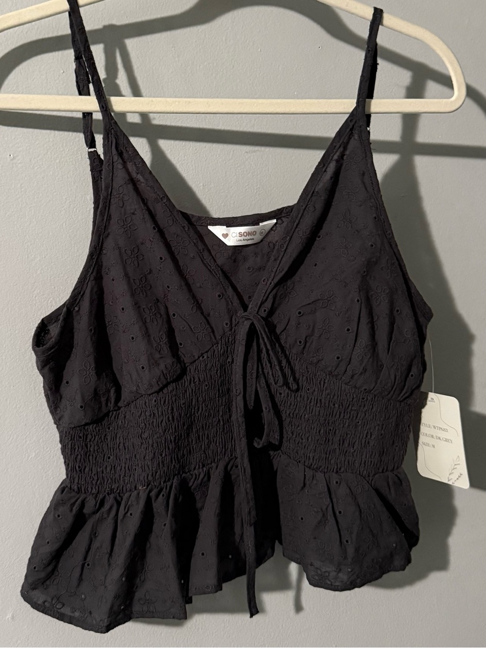 Ci Sono Dark Grey Tie-Front Smocked Camisole